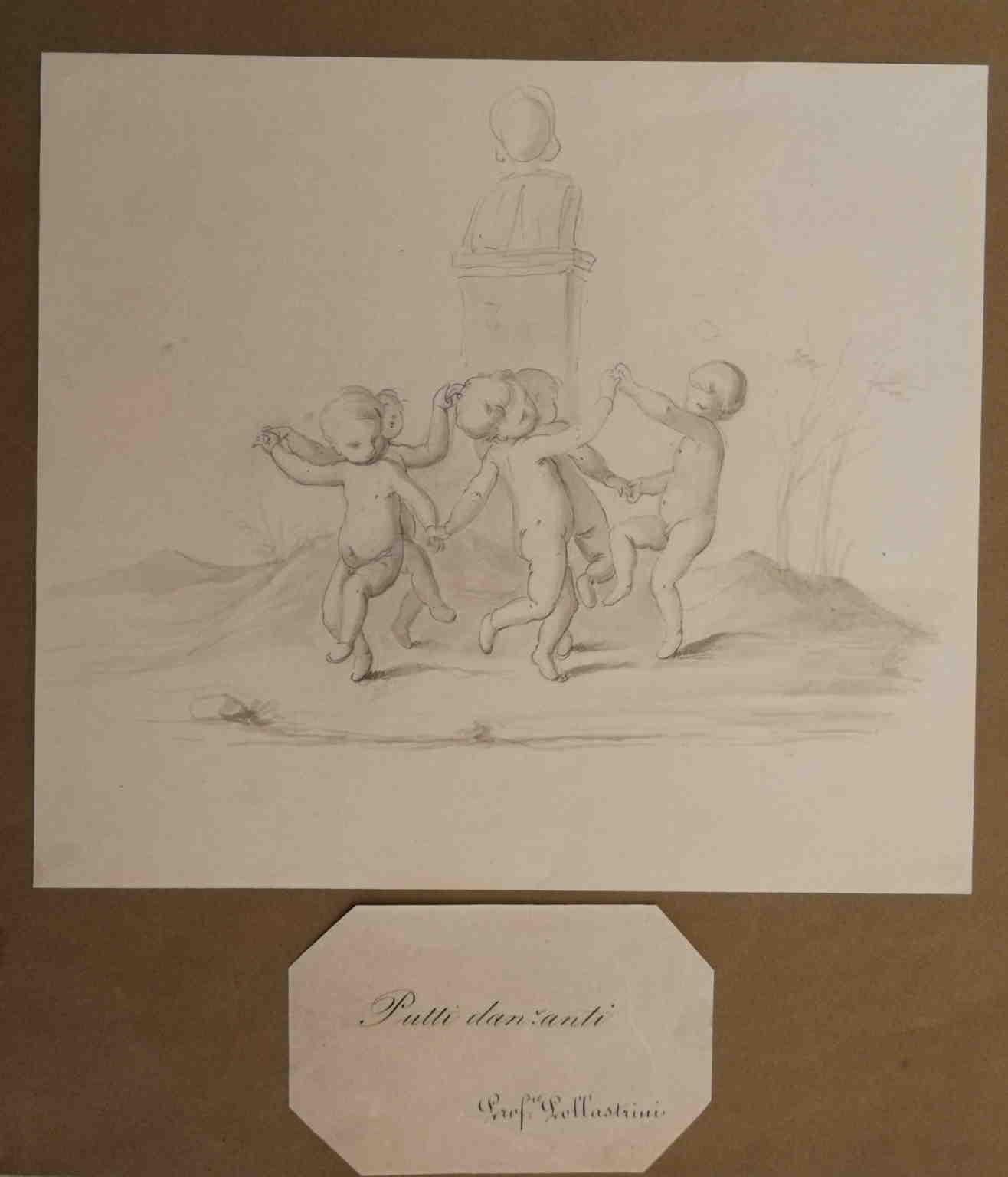 Disegno firmato toscano raffigurante danza di putti, XIX secolo - Art by Enrico Pollastrini