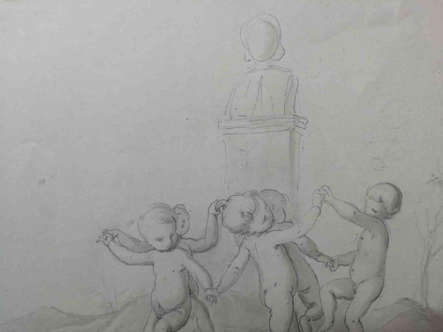 Il piccolo ma squisito disegno, realizzato con una tecnica mista di matita e acquerellatura grigia, raffigura una scena mitologica in cui si nota una gruppo di putti nudi che girano danzando e dandosi la mano attorno ad una 