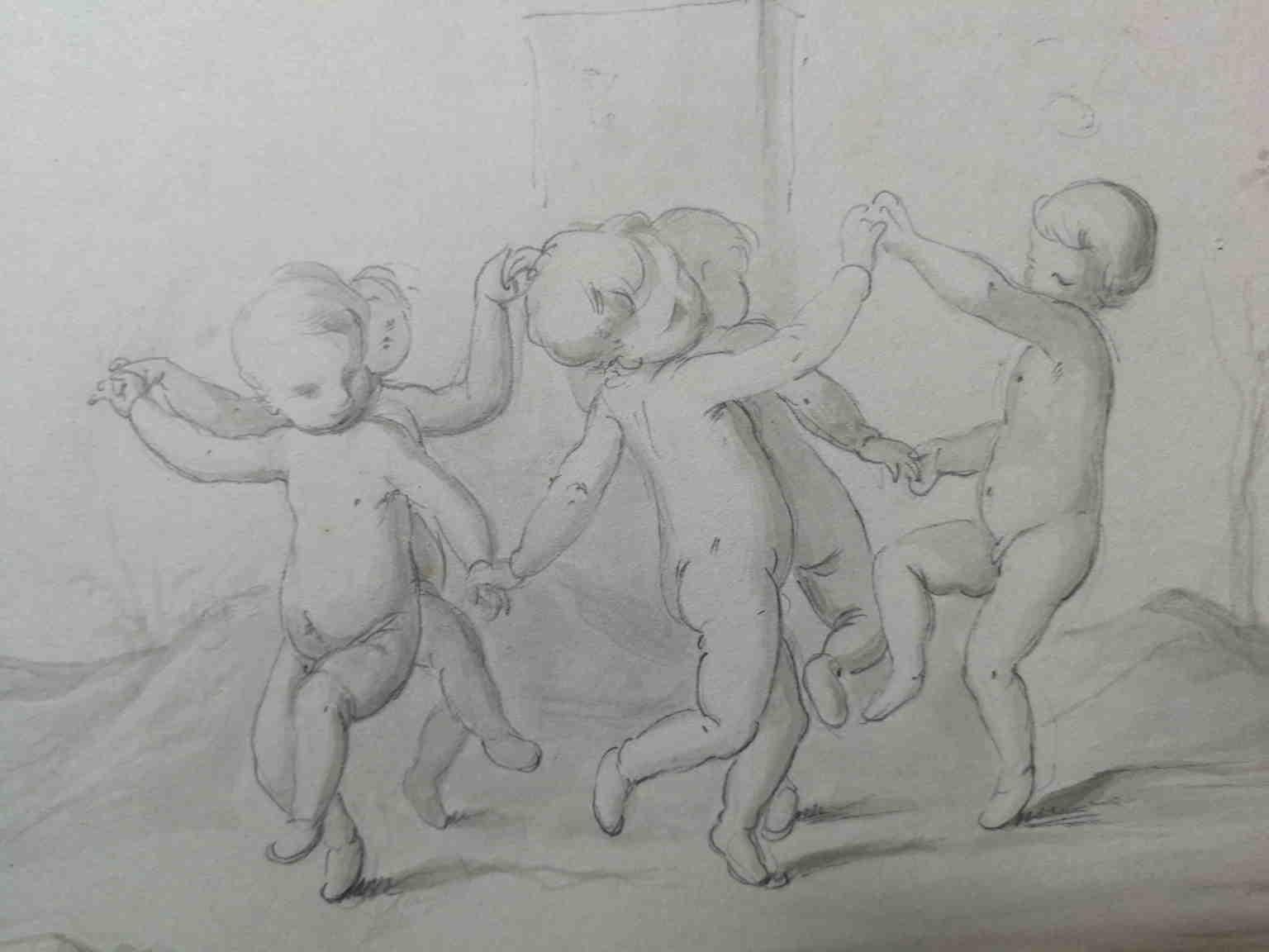 Disegno firmato toscano raffigurante danza di putti, XIX secolo For Sale 1