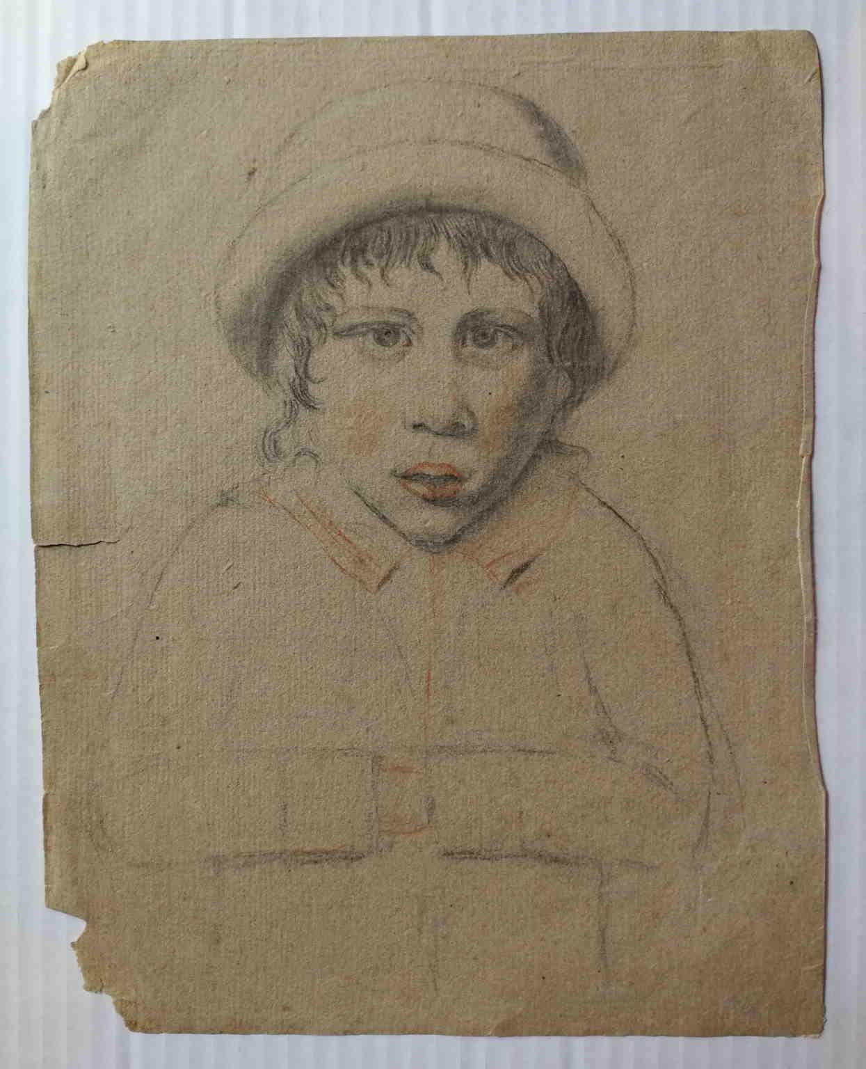 Disegno matite su carta ritratto di fanciullo con cappellino del XVIII secolo - Art by Unknown