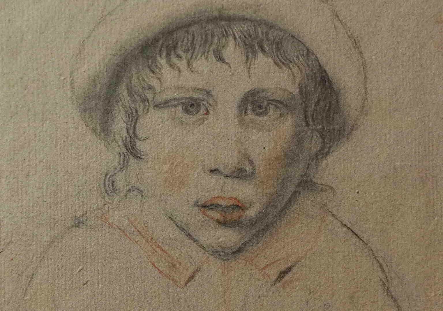 Disegno matite su carta ritratto di fanciullo con cappellino del XVIII secolo