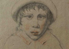 Disegno matite su carta ritratto di fanciullo con cappellino del XVIII secolo