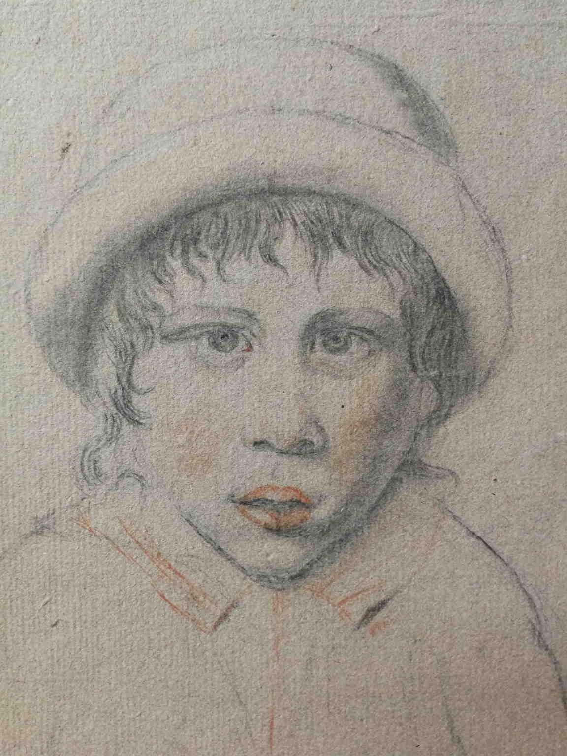 Disegno matite su carta ritratto di fanciullo con cappellino del XVIII secolo - Other Art Style Art by Unknown