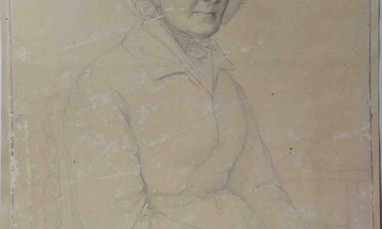 Disegno italiano, ritratto di signora con cuffia, matita su carta del XIX secolo For Sale 1