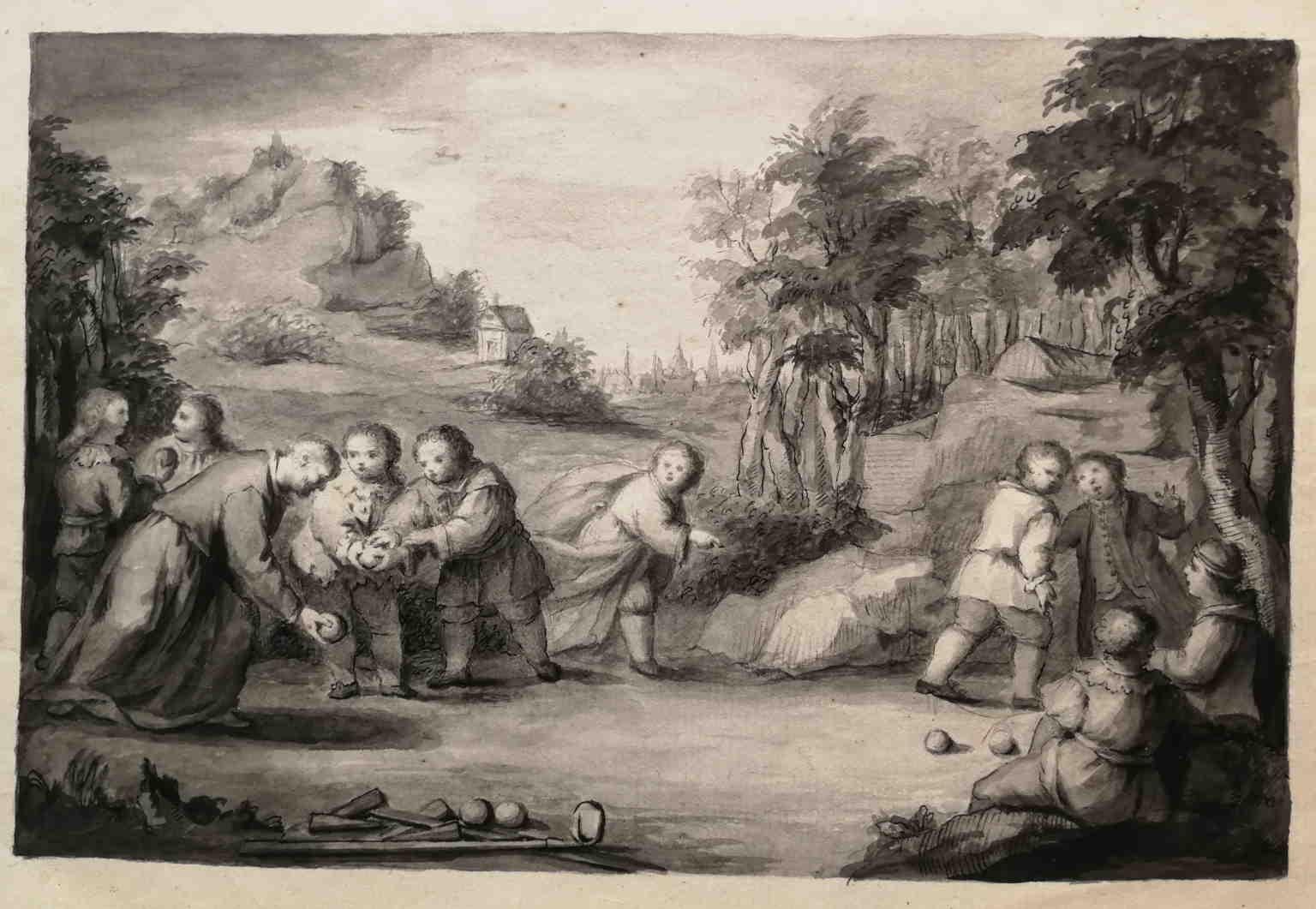 Disegno figurativo fiammingo ad acquerello del XVIII secolo, scena di genere - Art de Unknown