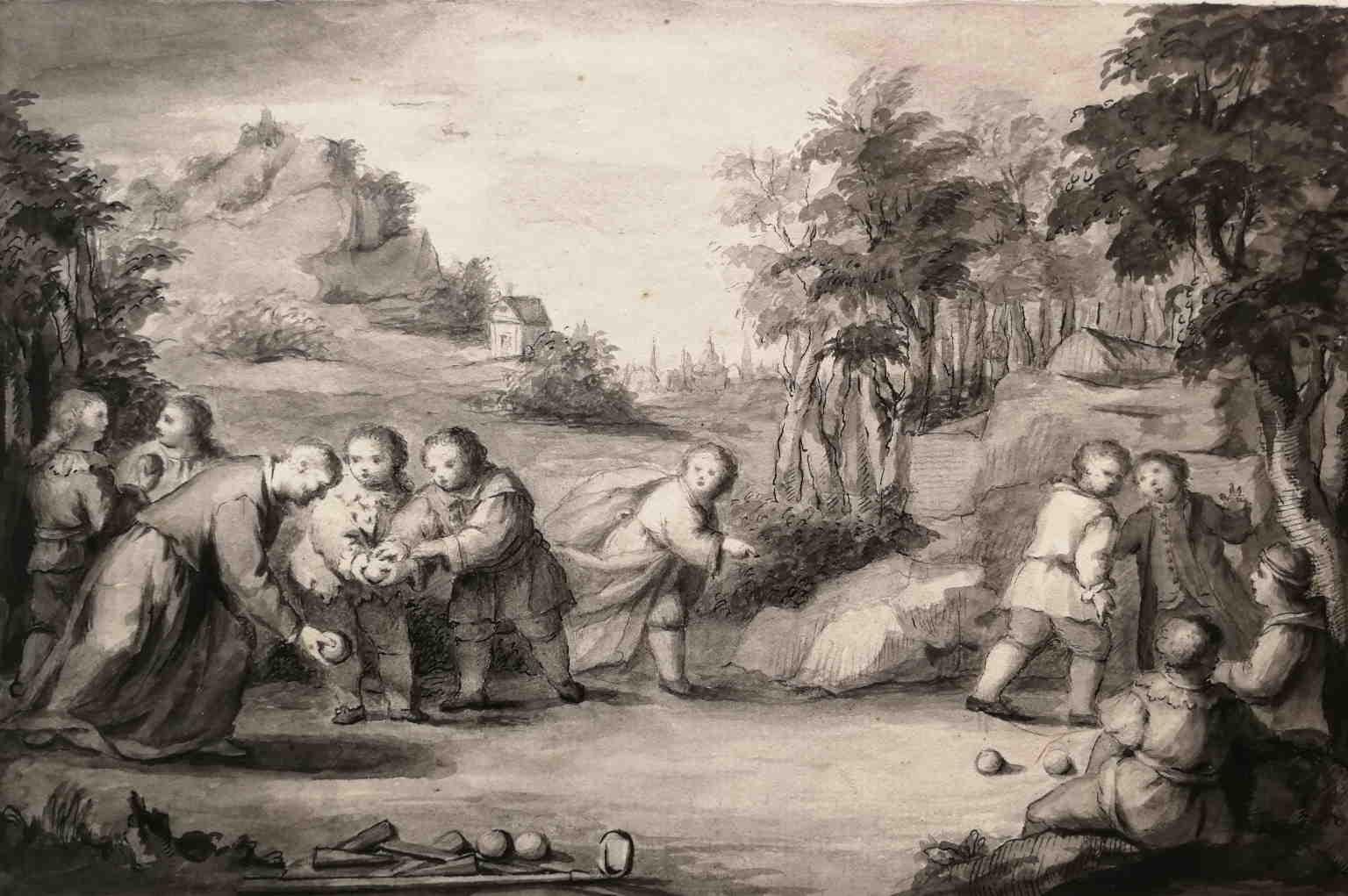 Disegno figurativo fiammingo ad acquerello del XVIII secolo, scena di genere