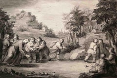 Antique Disegno figurativo fiammingo ad acquerello del XVIII secolo, scena di genere