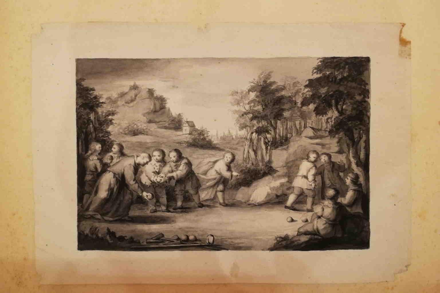 Disegno figurativo fiammingo ad acquerello del XVIII secolo, scena di genere - Other Art Style Art by Unknown