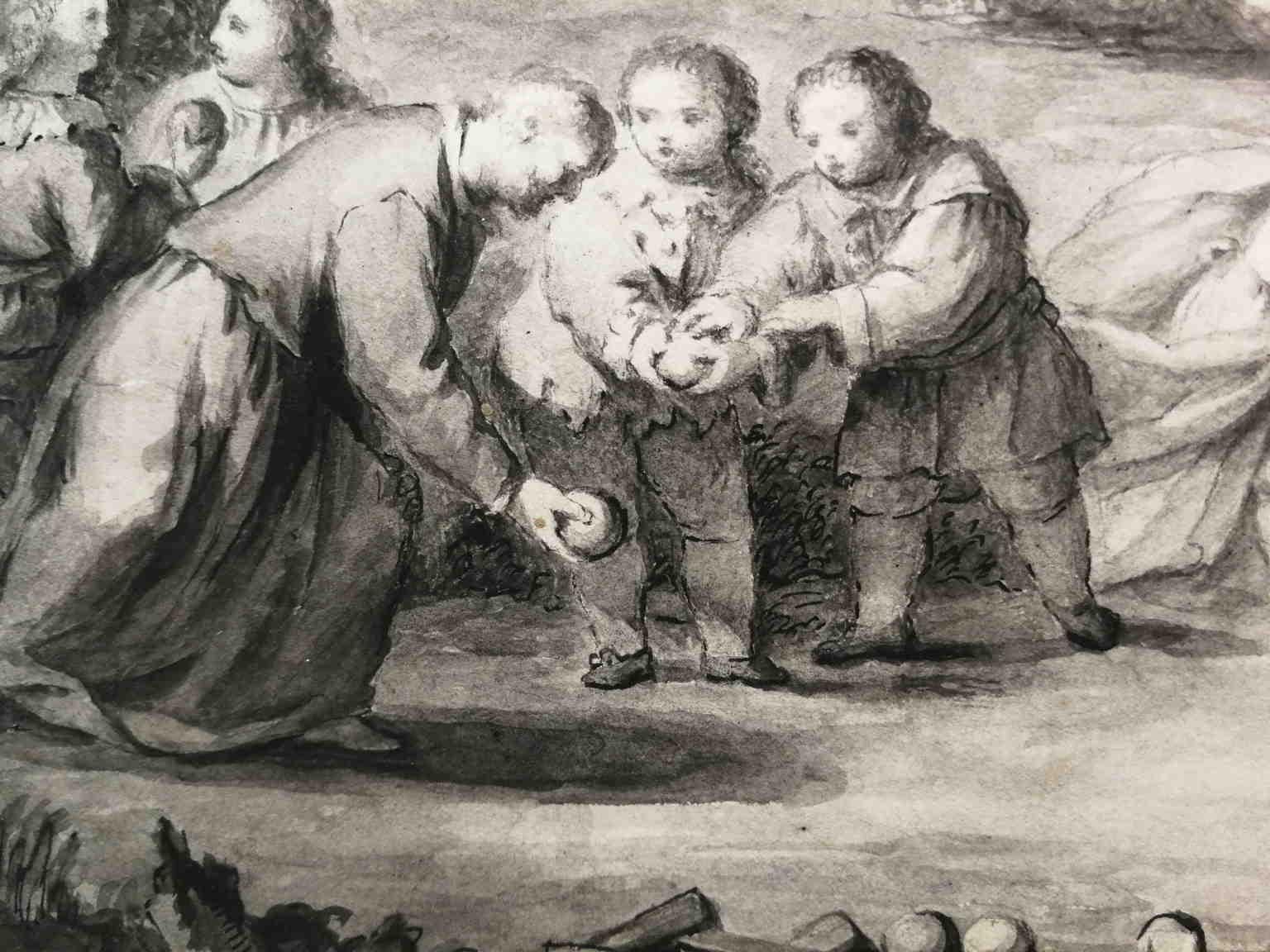 Disegno figurativo fiammingo ad acquerello del XVIII secolo, Szene di genere im Angebot 1