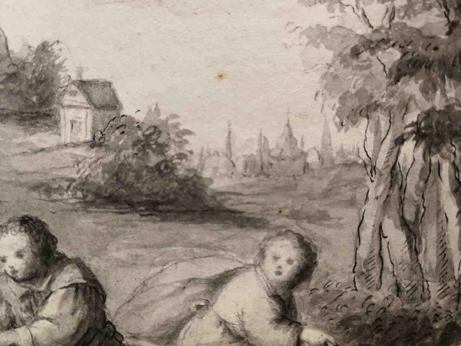 Disegno figurativo fiammingo ad acquerello del XVIII secolo, scena di genere For Sale 2