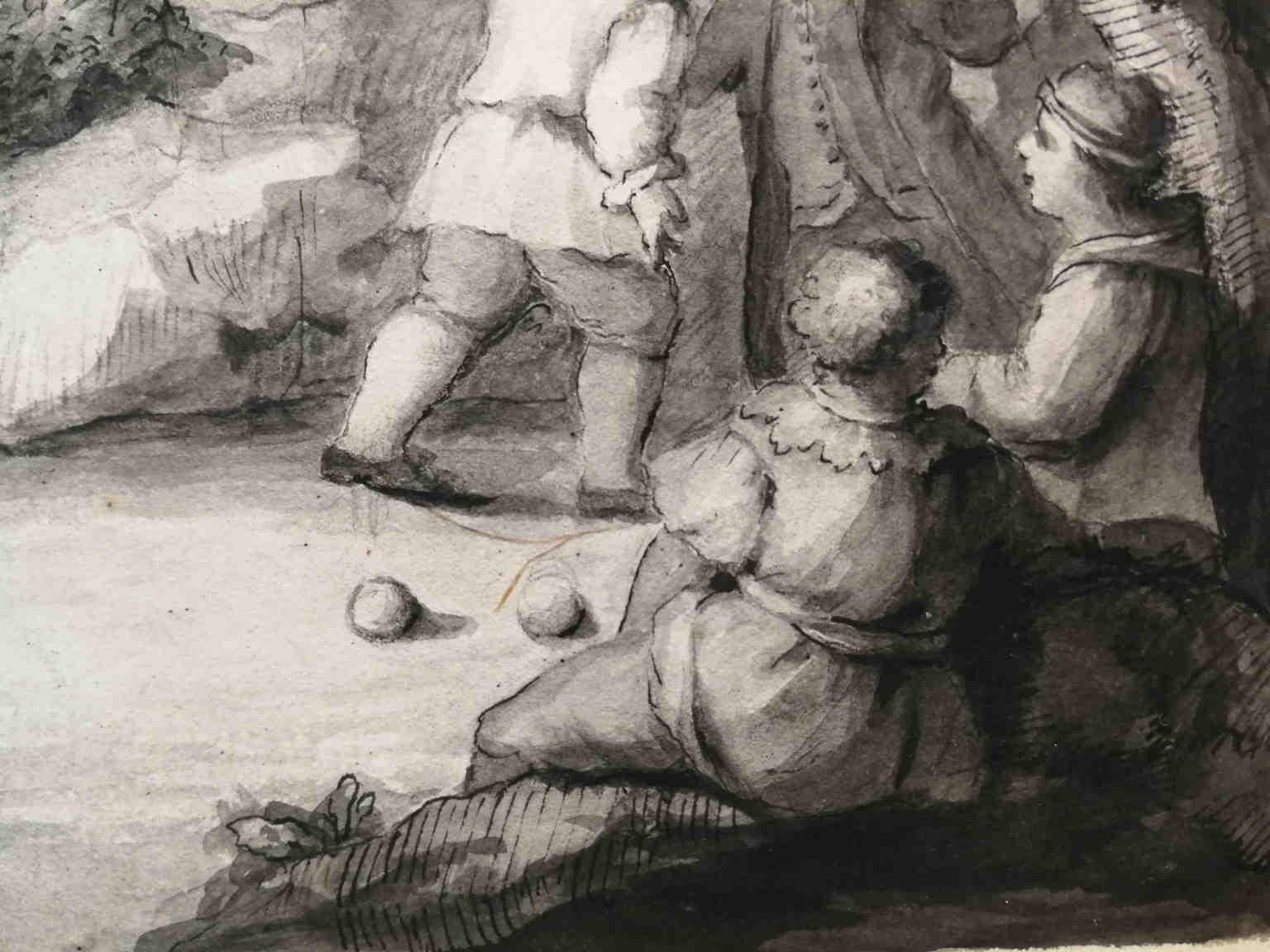 Disegno figurativo fiammingo ad acquerello del XVIII secolo, scena di genere en vente 3