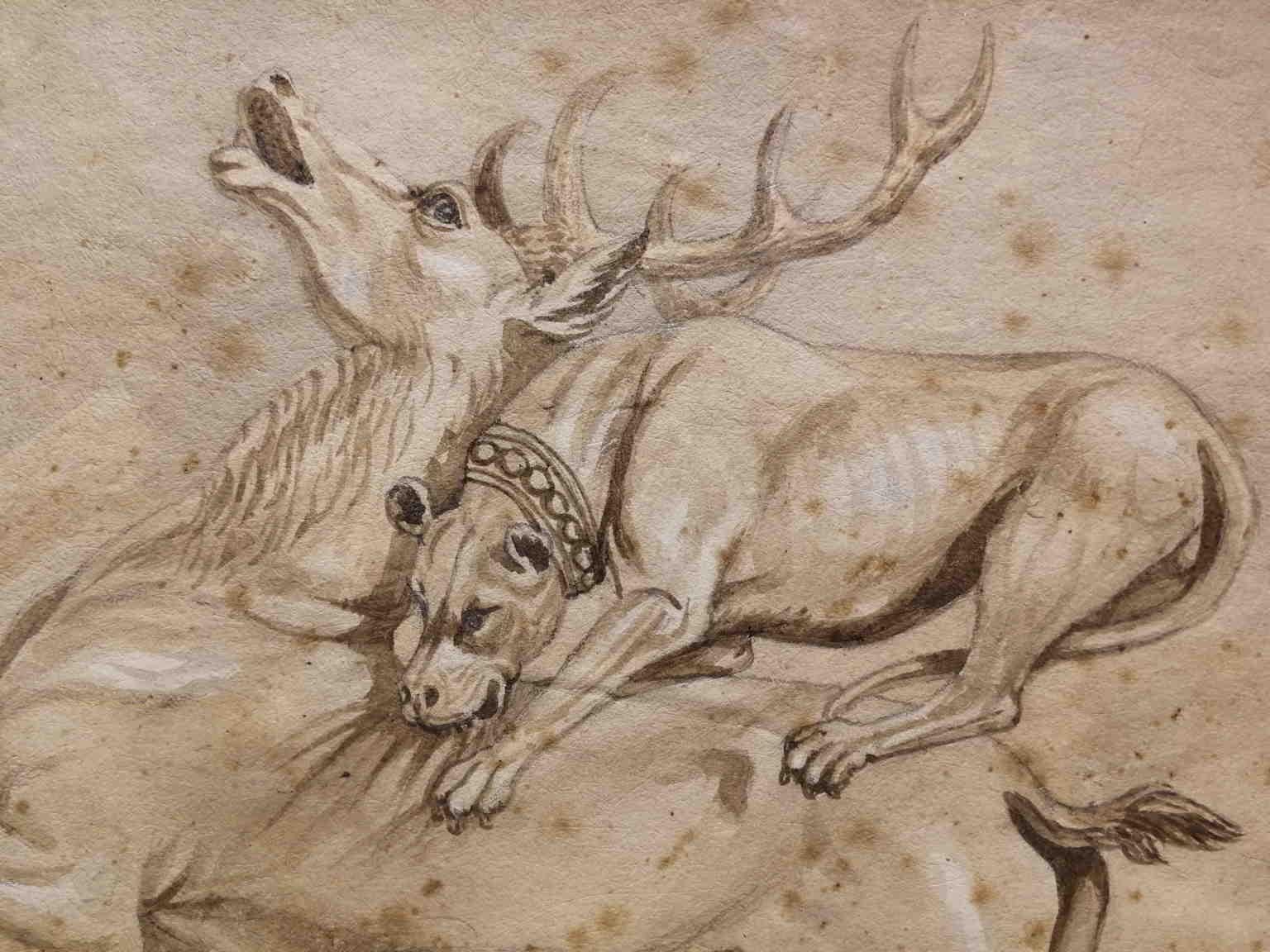 Artista italiano del XIX secolo, disegno figurativo mit scena di caccia 