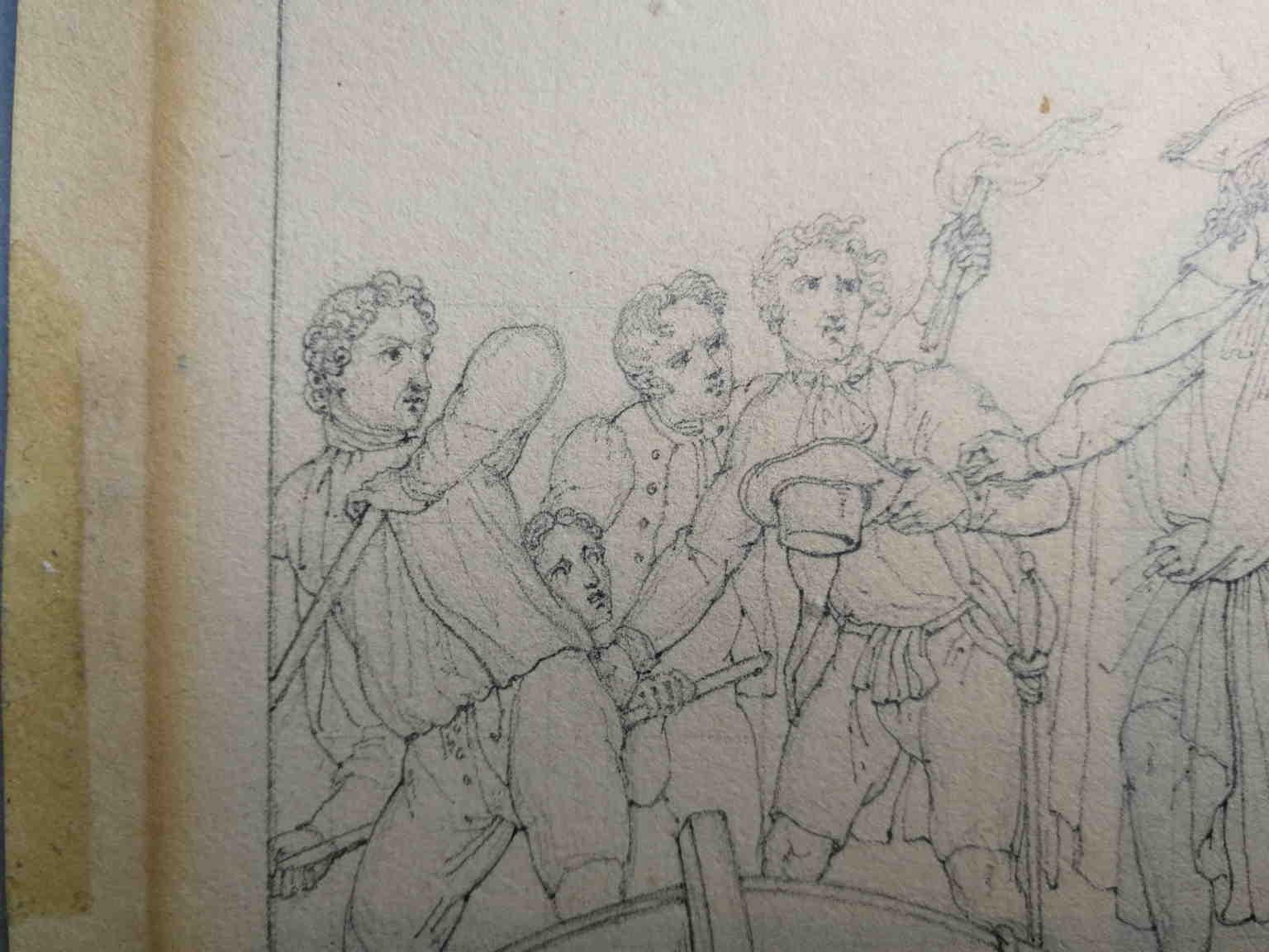 Dieses kleine Disegno, das aufgrund des neoklassizistischen Stils zwischen dem Ende des XVIII. und den Anfängen des XIX. Jahrhunderts datiert werden kann, zeigt den Tod von Giacomo II. Stuart, dem letzten König von Italien, Schottland und Irland,