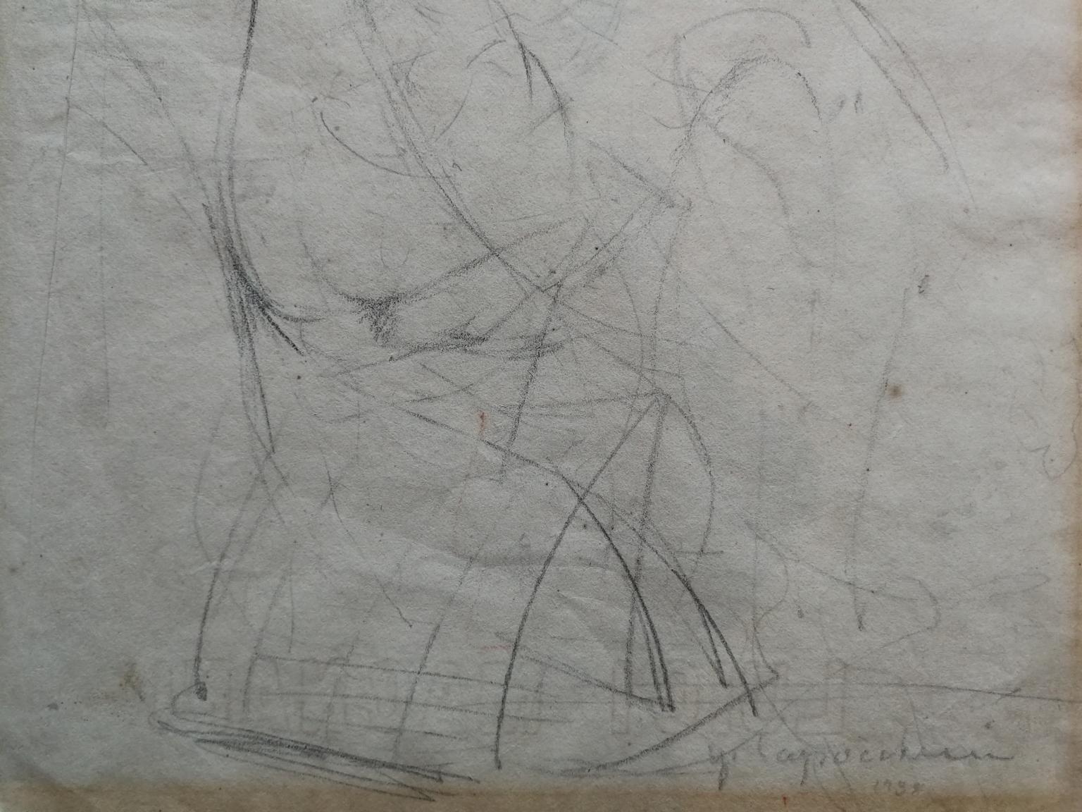 Disegno fronte retro matita su carta, 330 x 240 mm. 
Sur un côté, à la verticale, est représentée une femme nue séjournant dans un environnement domestique, arrêtée dans l'intention de voler vers l'auteur. Certains aspects de l'expression et de la