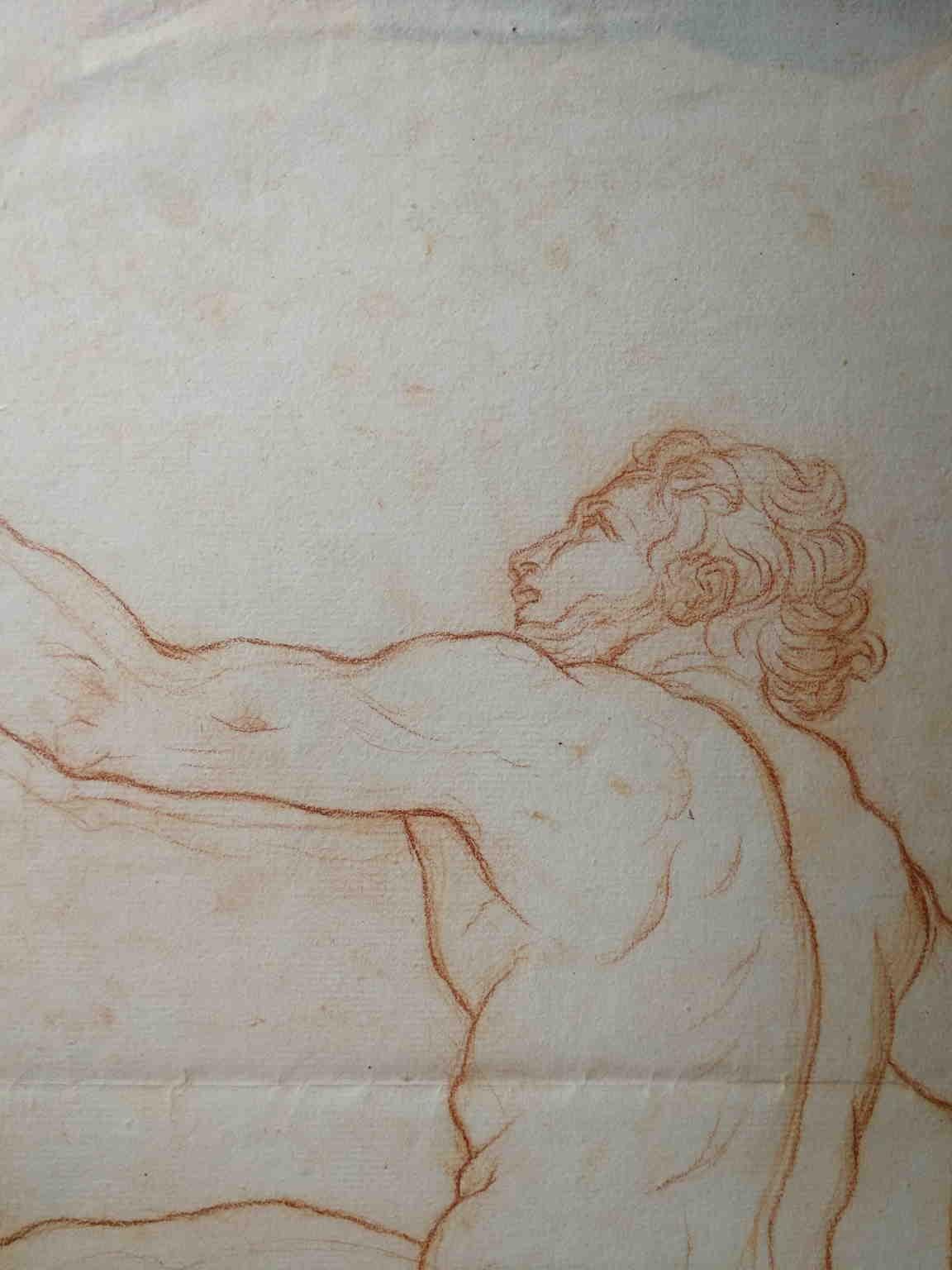 Disegno toscano figurativo nudo maschile a sanguigna su carta del XIX secolo - Art by Bernardino Orsetti