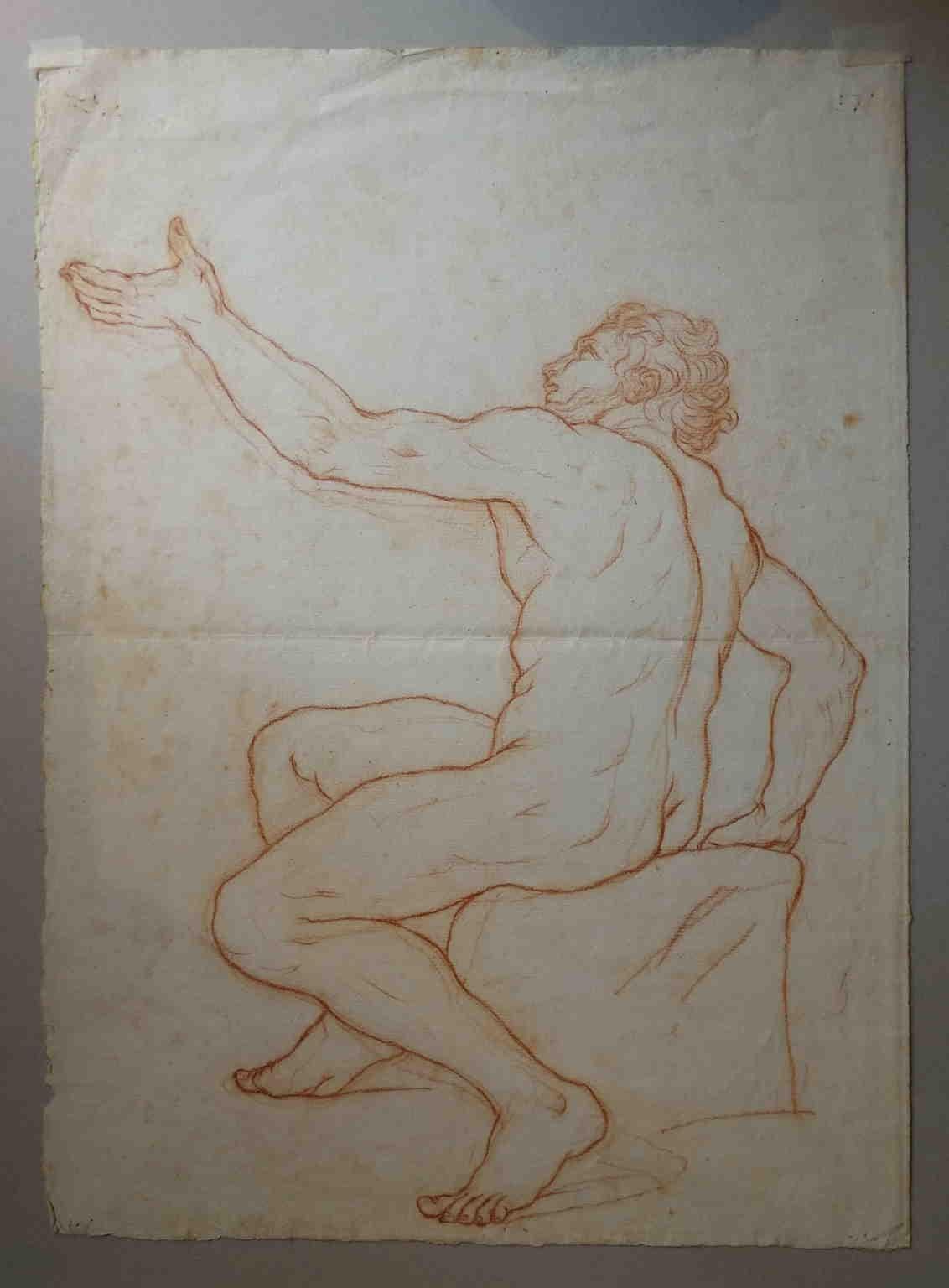 Bernardino Orsetti Portrait - Disegno toscano figurativo nudo maschile a sanguigna su carta del XIX secolo