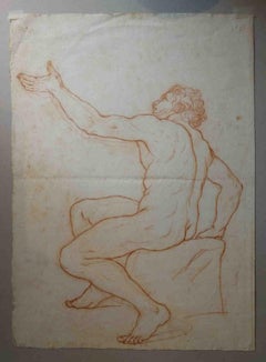 Disegno toscano figurativo nudo maschile a sanguigna su carta del XIX secolo