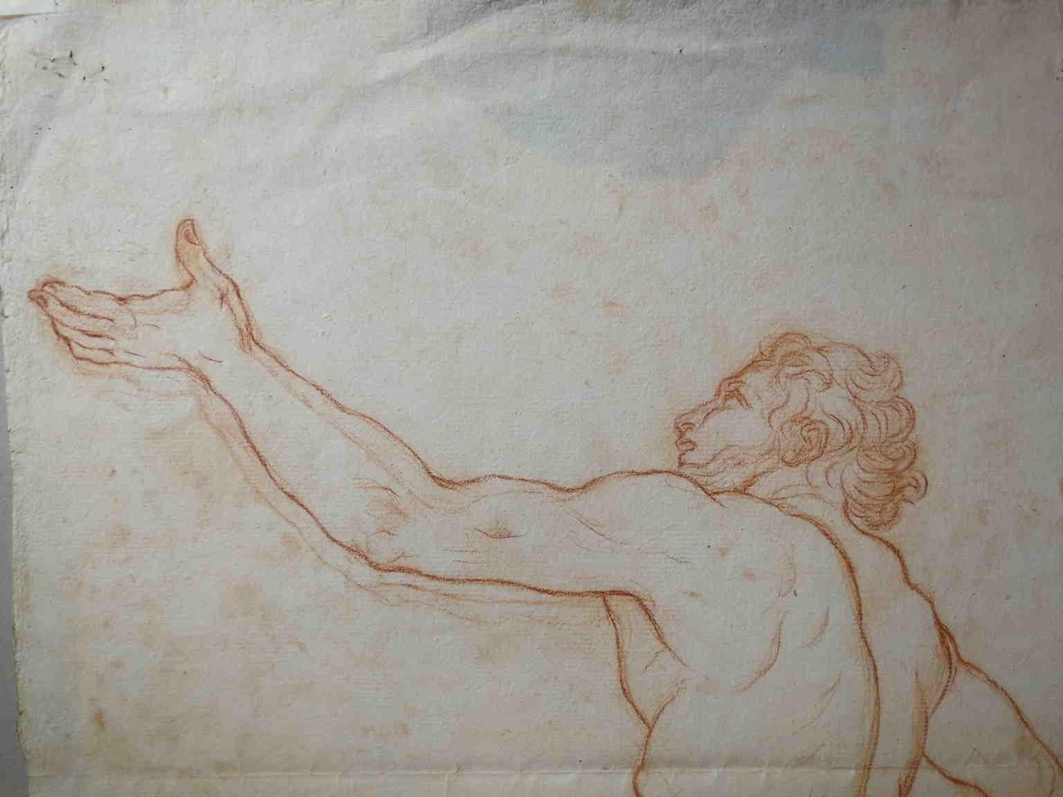 Disegno toscano figurativo nudo maschile a sanguigna su carta del XIX secolo - Other Art Style Art by Bernardino Orsetti