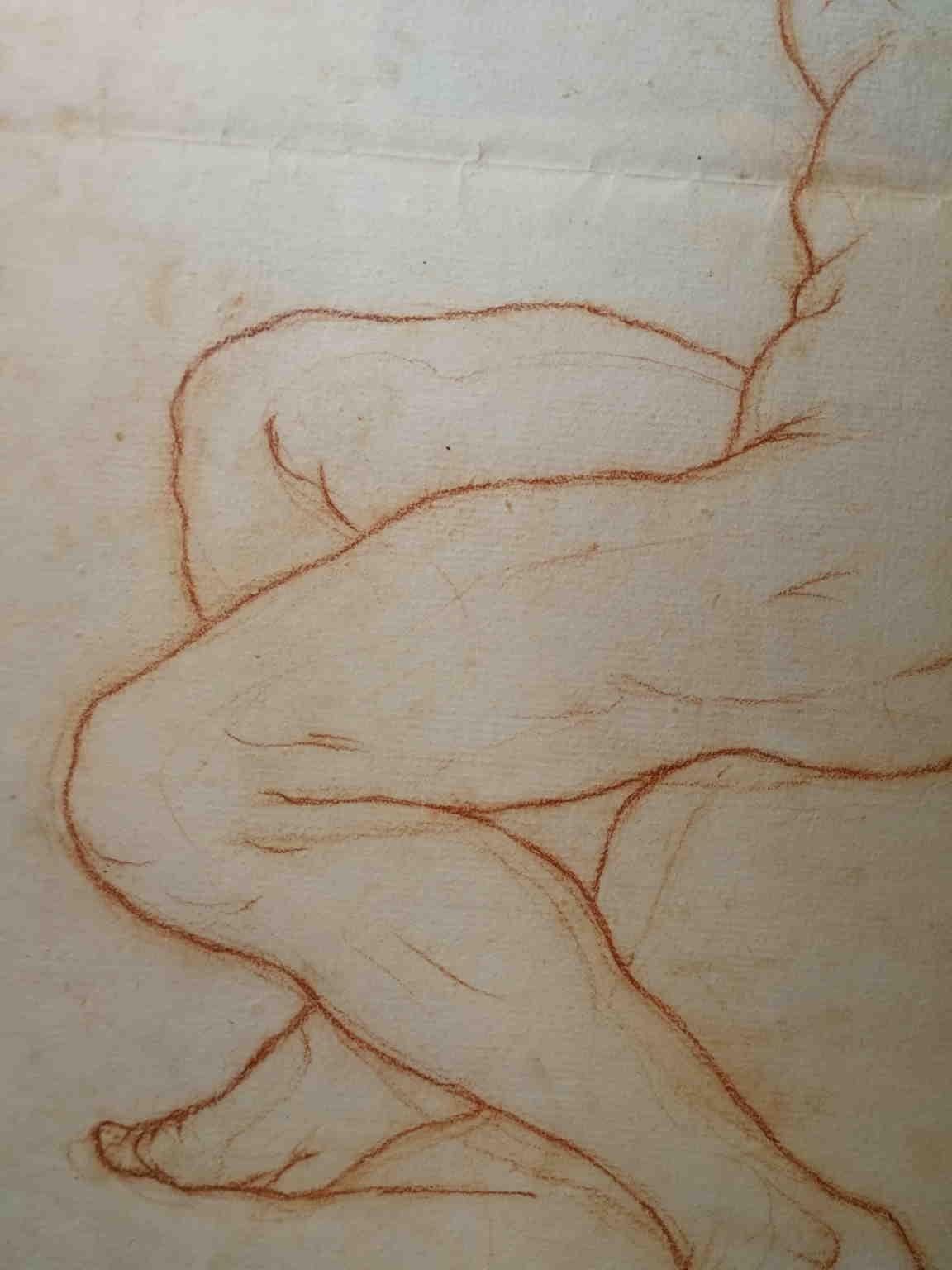Disegno toscano figurativo nudo maschile a sanguigna su carta del XIX secolo For Sale 1