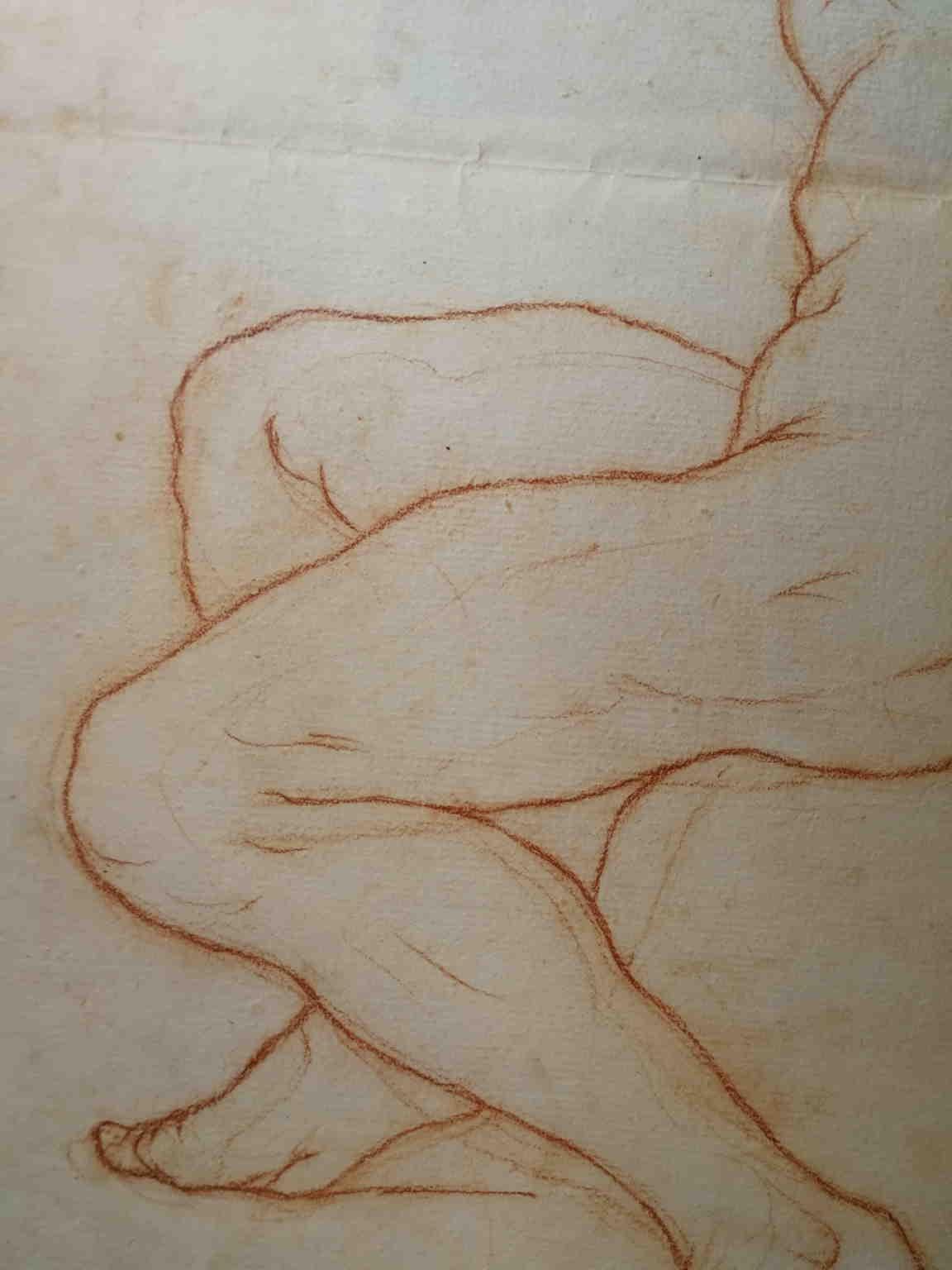 Il disegno, sanguigna su carta, raffigura un uomo nudo seduto su una roccia, ritratto di schiena nell'atto di alzare una mano al cielo, con una posa e un'espressione ricche di pathos.

Sebbene non firmato, la provenienza, la filigrana della carta e
