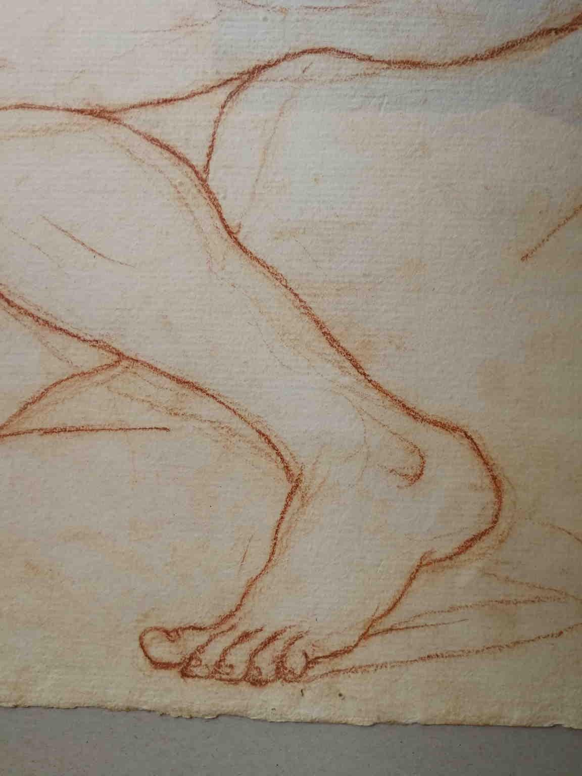 Disegno toscano figurativo nudo maschile a sanguigna su carta del XIX secolo For Sale 1