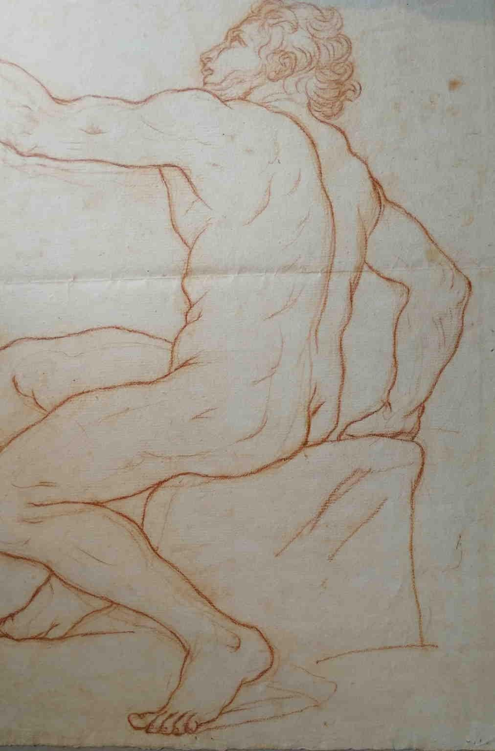 Disegno toscano figurativo nudo maschile a sanguigna su carta del XIX secolo For Sale 3