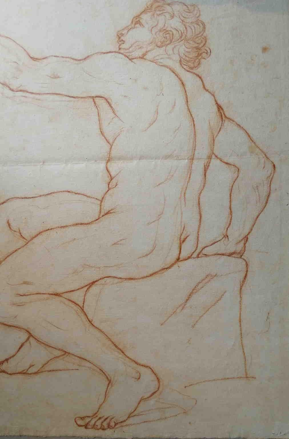 Disegno toscano figurativo nudo maschile a sanguigna su carta del XIX secolo For Sale 2