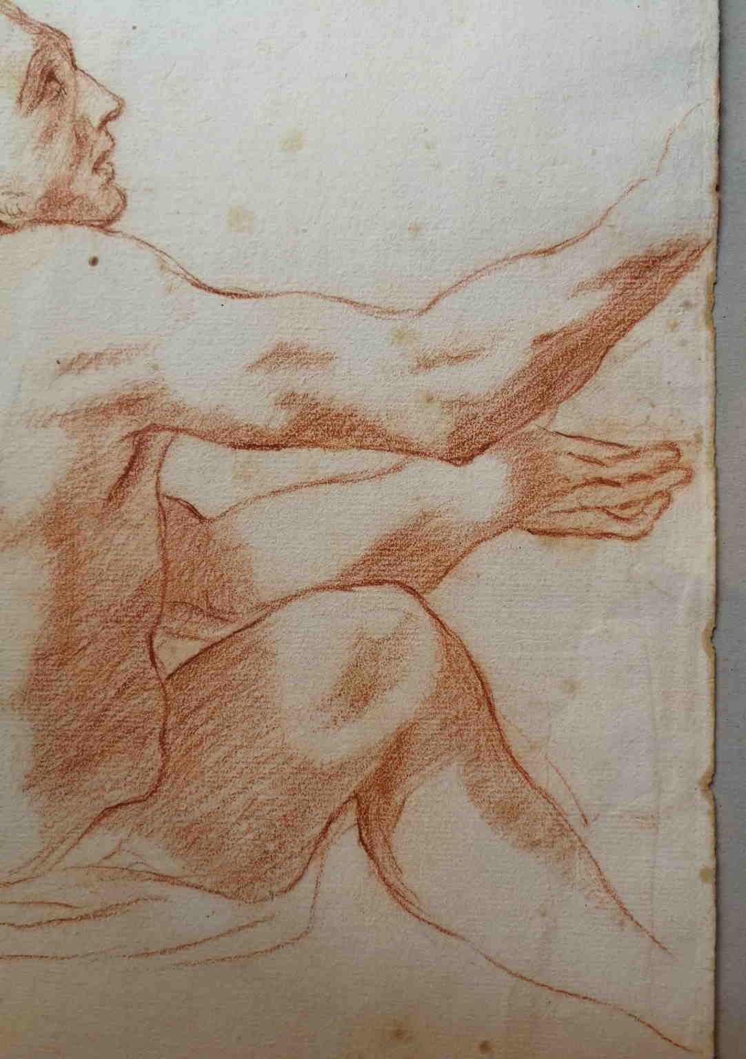 Disegno figurativo toscano nudo maschile a sanguigna del XIX secolo - Art by Bernardino Orsetti