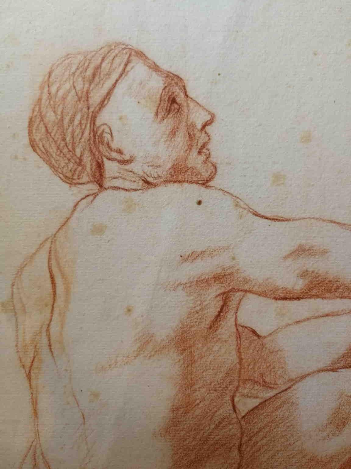 Disegno figurativo toscano nudo maschile a sanguigna del XIX secolo - Other Art Style Art by Bernardino Orsetti