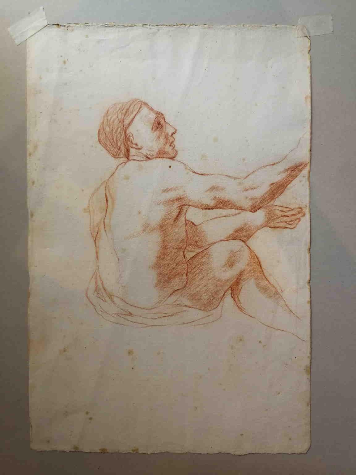 Bernardino Orsetti Portrait – Disegno figurativo toscano nudo maschile a sanguigna del XIX secolo