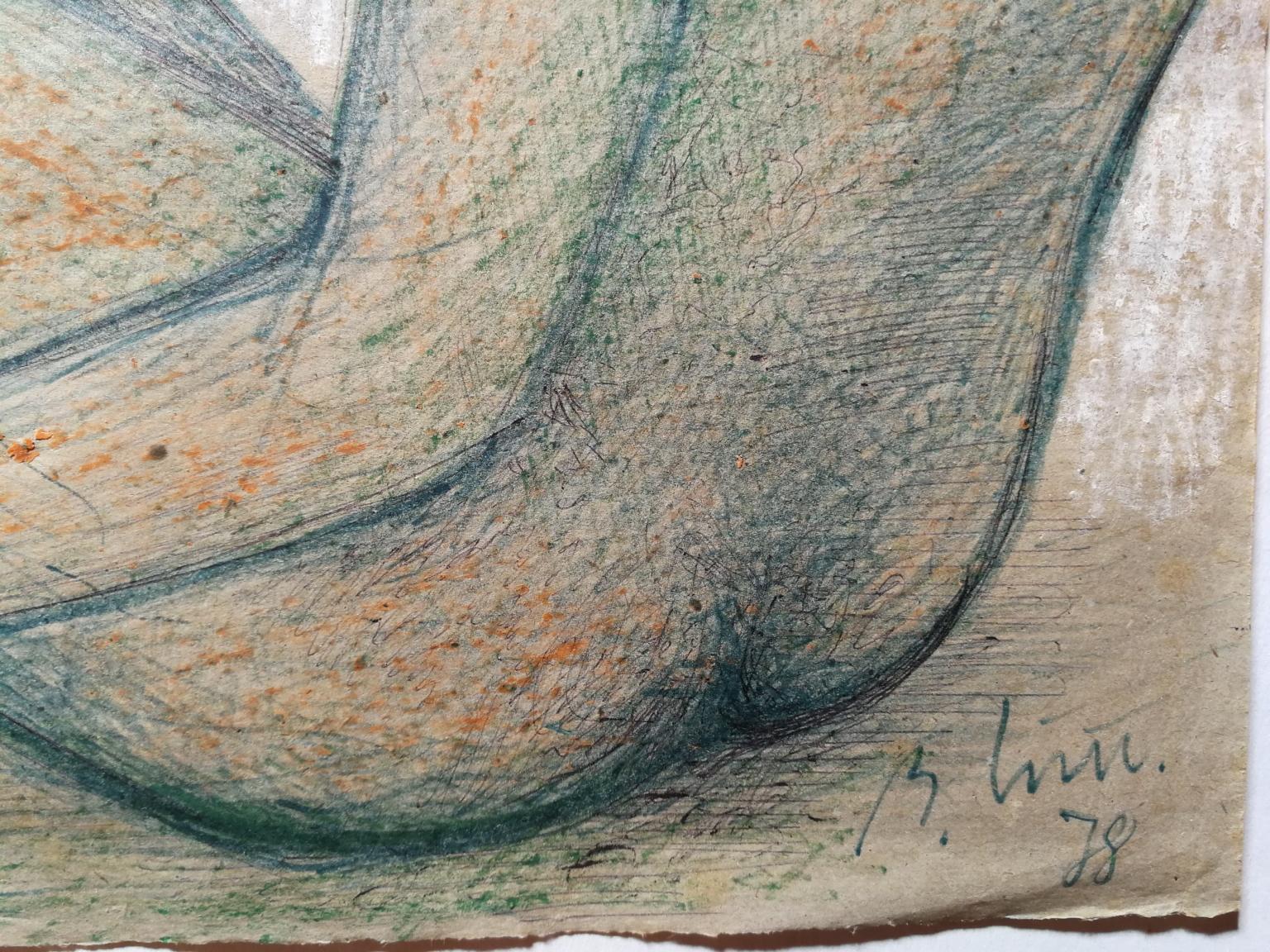 Il disegno (matite colorate, gesso, inchiostro su carta) raffigura una figura androgina seduta accovacciata ed è firmato e datato in basso a destra B. INN 78.
Appartiene alla alla fase matura dell'artista fiorentino Bruno Innocenti, quando si era