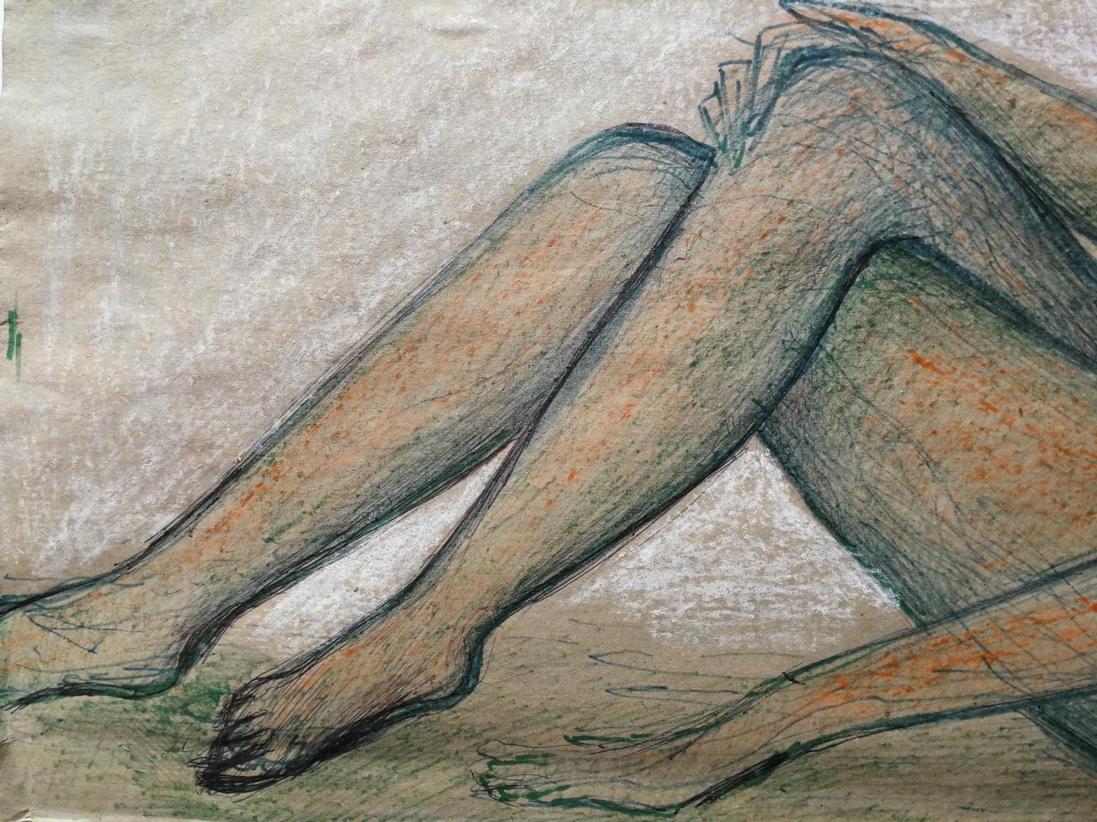 Il disegno (matite colorate, gesso, inchiostro su carta) raffigura una figura androgina seduta accovacciata ed è firmato e datato in basso a destra B. INN 78.
Das Werk entstand in der Fase des jungen Künstlers Bruno Innocenti, als er nach etwa 40