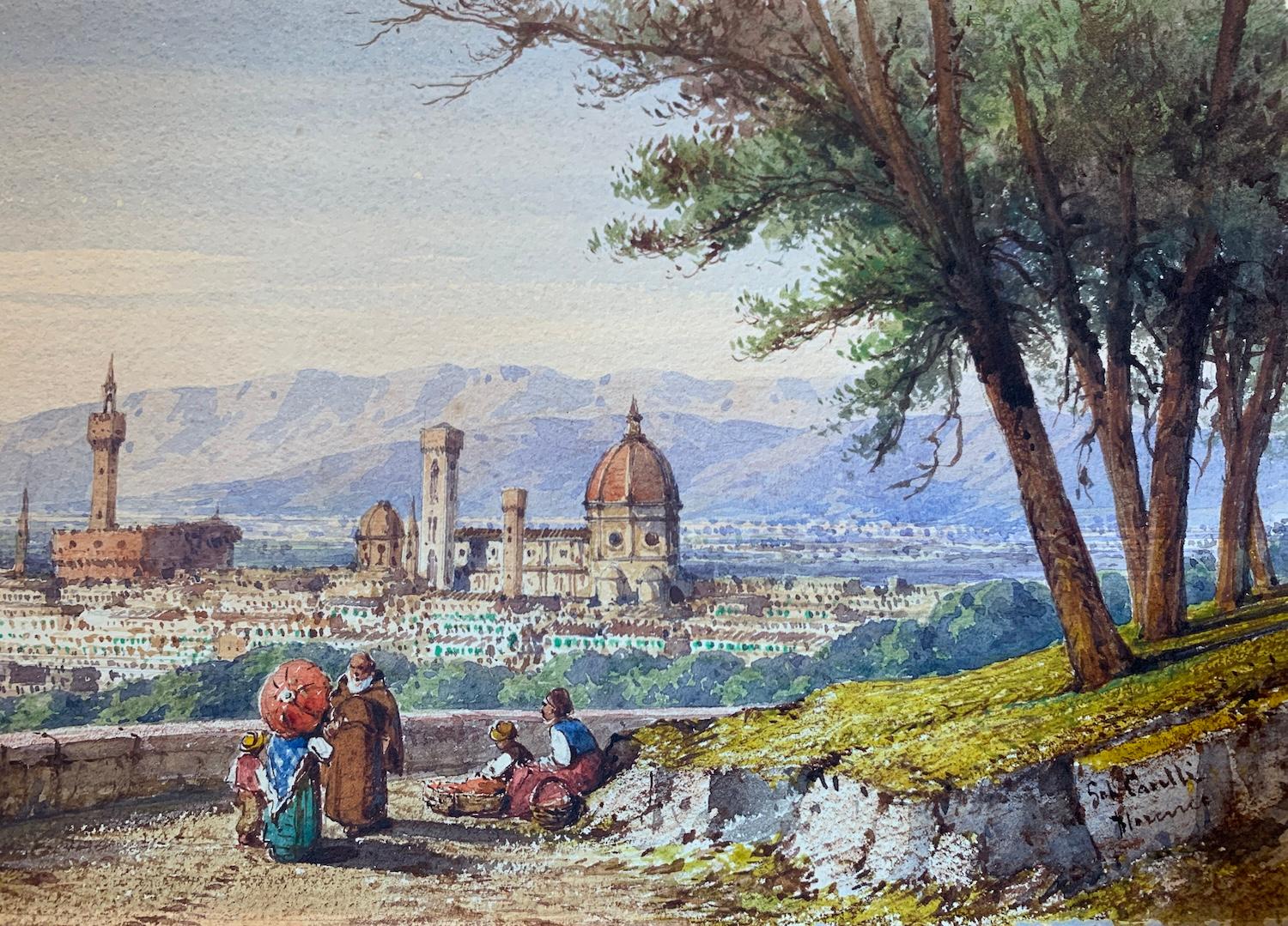 Figurative landscape watercolor drawing with 19th century view of Florence