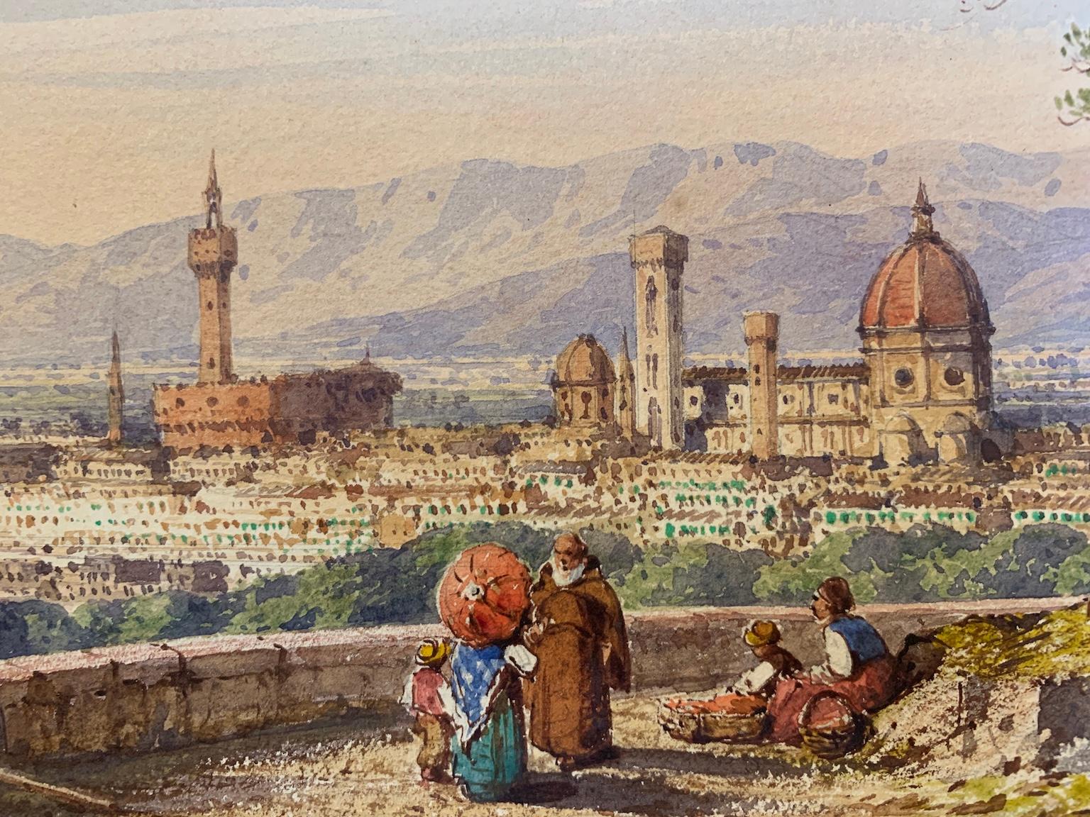 This watercolor on paper is signed and titled at lower right Gab. Carelli / Florence.
It depicts a view of Florence taken from the Piazzale Michelangelo-animated by various figures including a friar talking to a mother with child, while another