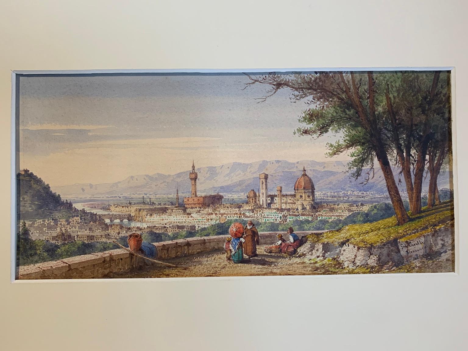 Figurative landscape watercolor drawing with 19th century view of Florence - Impressionist Art by Gabrielli Carelli