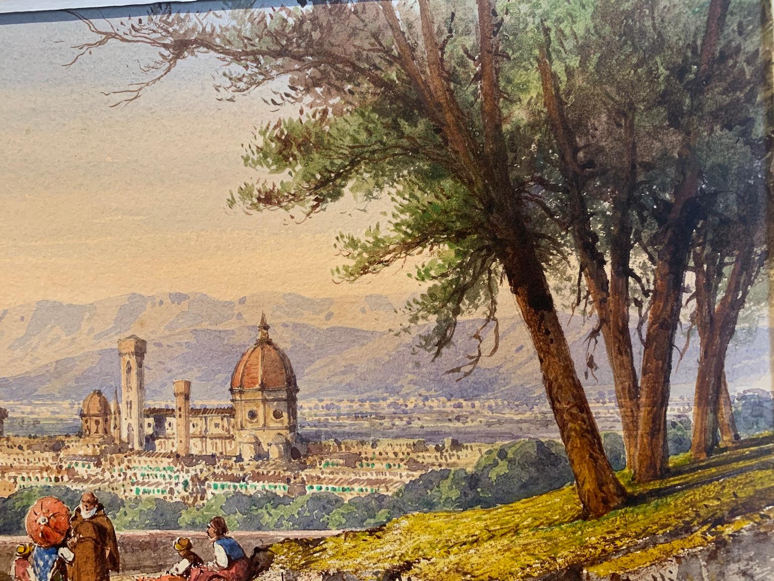 Questo acquarello su carta è firmato e titolato in basso a destra Gab. Carelli / Florence.
Rappresenta una veduta di Firenze presa dal Piazzale Michelangelo-animato da varie figure fra cui un frate che parla con una madre con bambino, mentre
