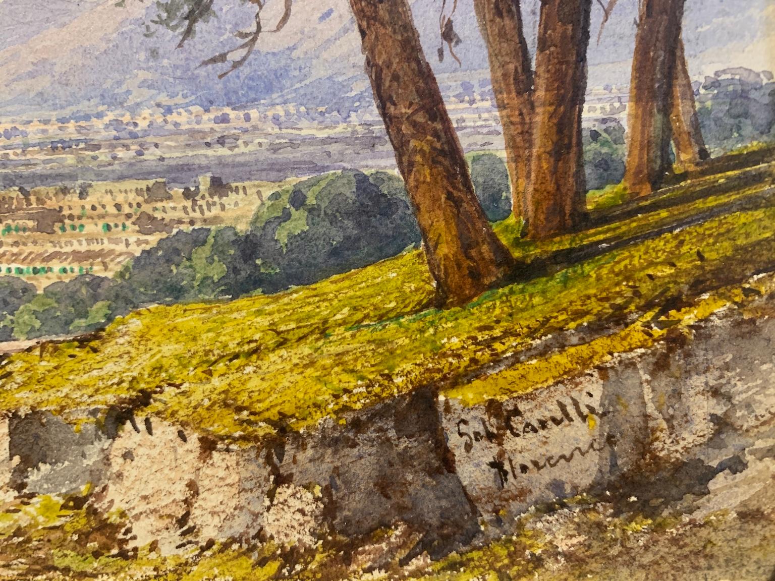 Disegno figurativo paesaggio ad acquarello con veduta di Firenze dell'ottocento in vendita 1