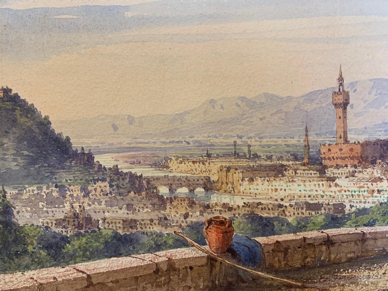 Disegno figurativo paesaggio ad acquarello con veduta di Firenze dell'ottocento in vendita 2