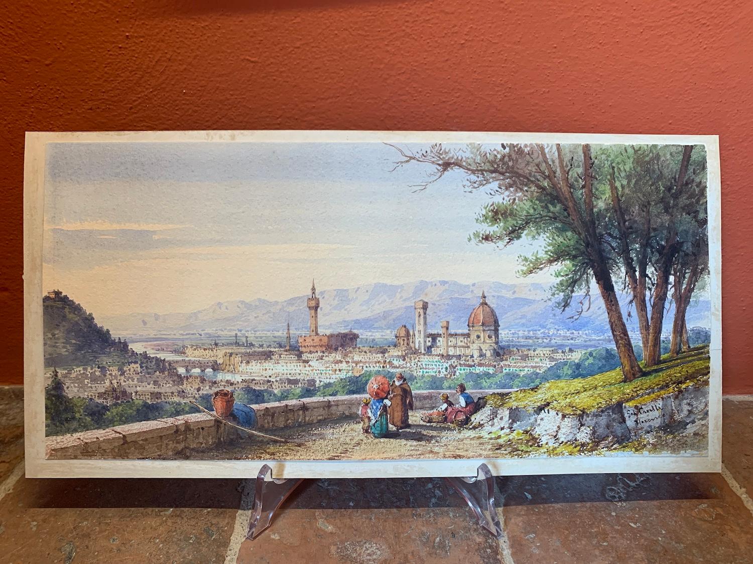 Disegno figurativo paesaggio ad acquarello con veduta di Firenze dell'ottocento - Art di Gabrielli Carelli