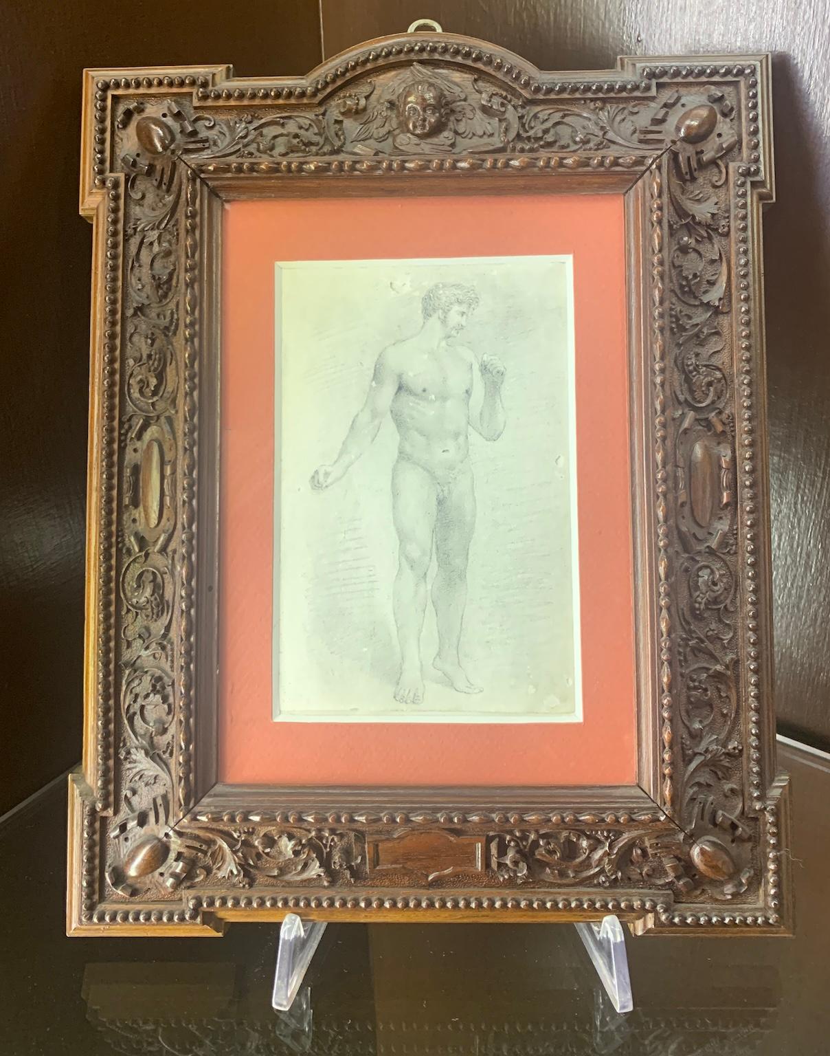 Unknown Portrait - Disegno figurativo neoclassico fiorentino studio di nudo in cornice intagliata