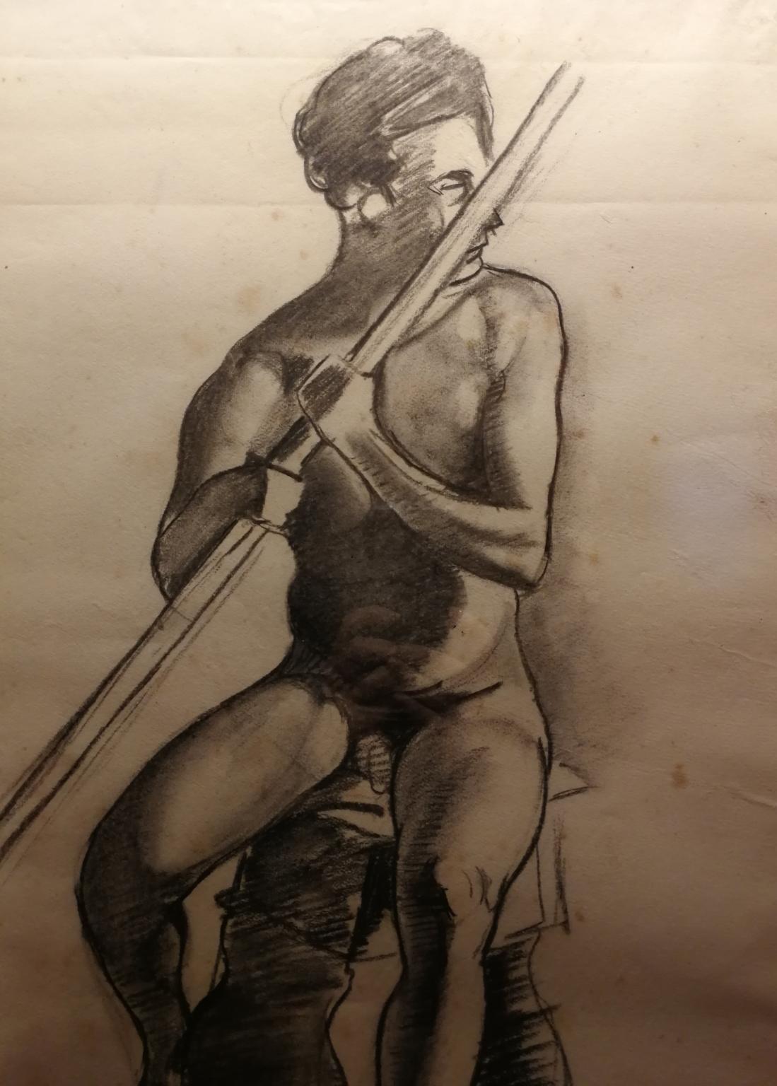 Disegno ritratto maschile accademico figurativo nudo seduto del XX secolo - Autres styles artistiques Art par Giovanni Colacicchi