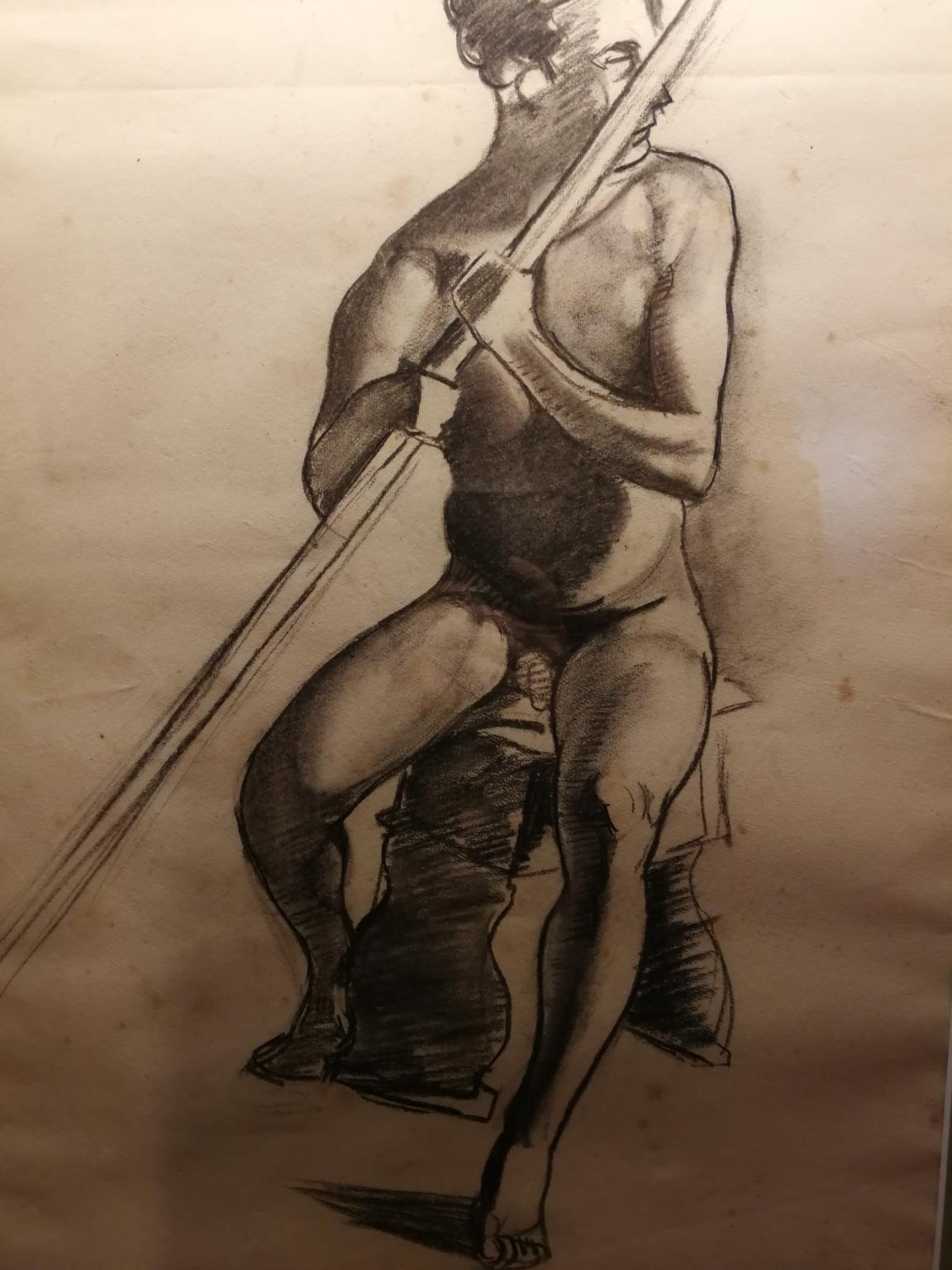 Disegno ritratto maschile accademico figurativo nudo seduto del XX secolo - Marron Portrait par Giovanni Colacicchi