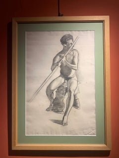 Disegno ritratto maschile accademico figurativo nudo seduto del XX secolo