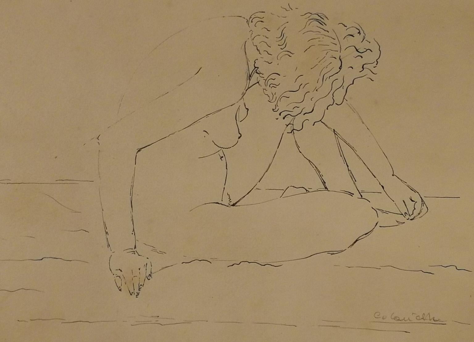 Disegno figurativo italiano ritratto femminile penna su carta XX secolo - Art de Giovanni Colacicchi