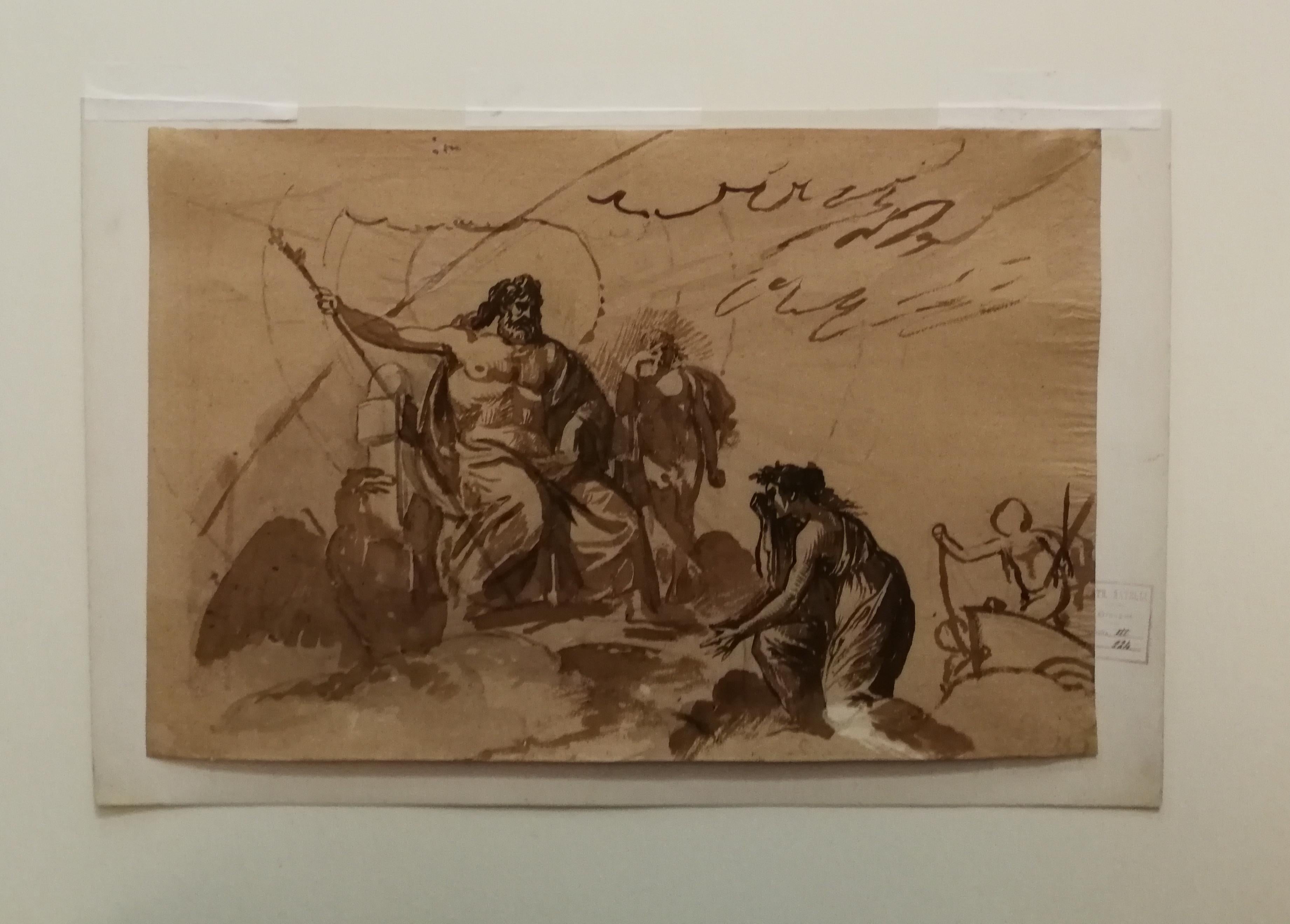 Disegno inchiostro, gesso, acquerellature e rialzi a biacca su carta collegato alla serie di studi per la decorazione della Sala di Ercole di Palazzo Pitti a Firenze.
Di mano di Pietro Benvenuti, artista toscano assunto per questa commissione prima