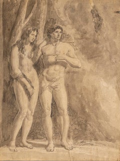 Monochrome néoclassique italien sur papier avec un thème religieux Adam et Eve
