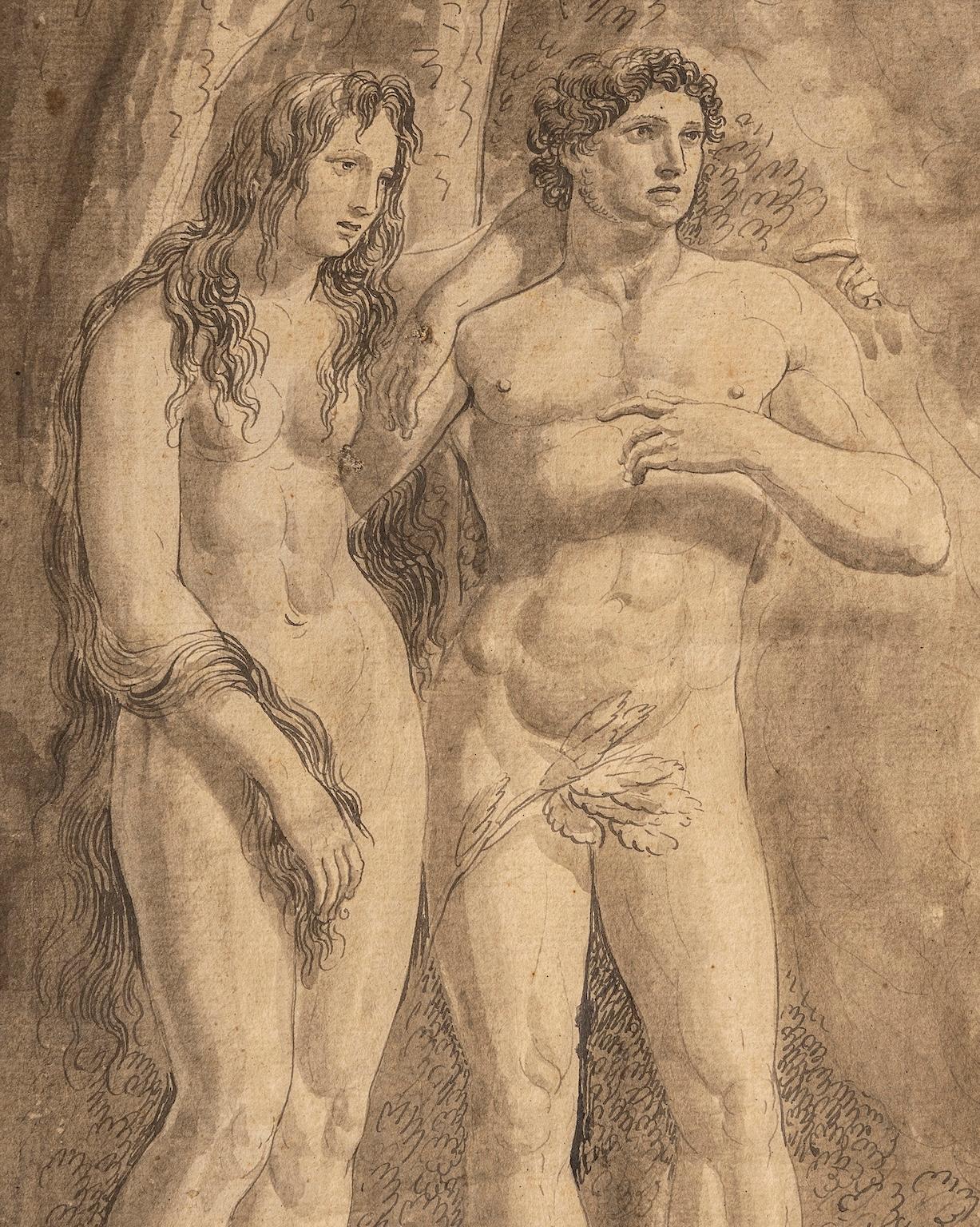 Italienische neoklassische monochrome auf Papier mit einem religiösen Thema Adam und Eva – Art von Luigi Ademollo
