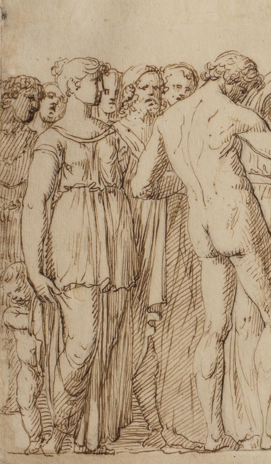 L'attribution proposée pour ce dessin à l'encre brune sur papier est le nom du peintre et académicien du groupe néoclassique toscan-romain Francesco Nenci (Anghiari, 19 avril 1782- Sienne, 4 mars 1850).
En l'occurrence, la mise en relation de la