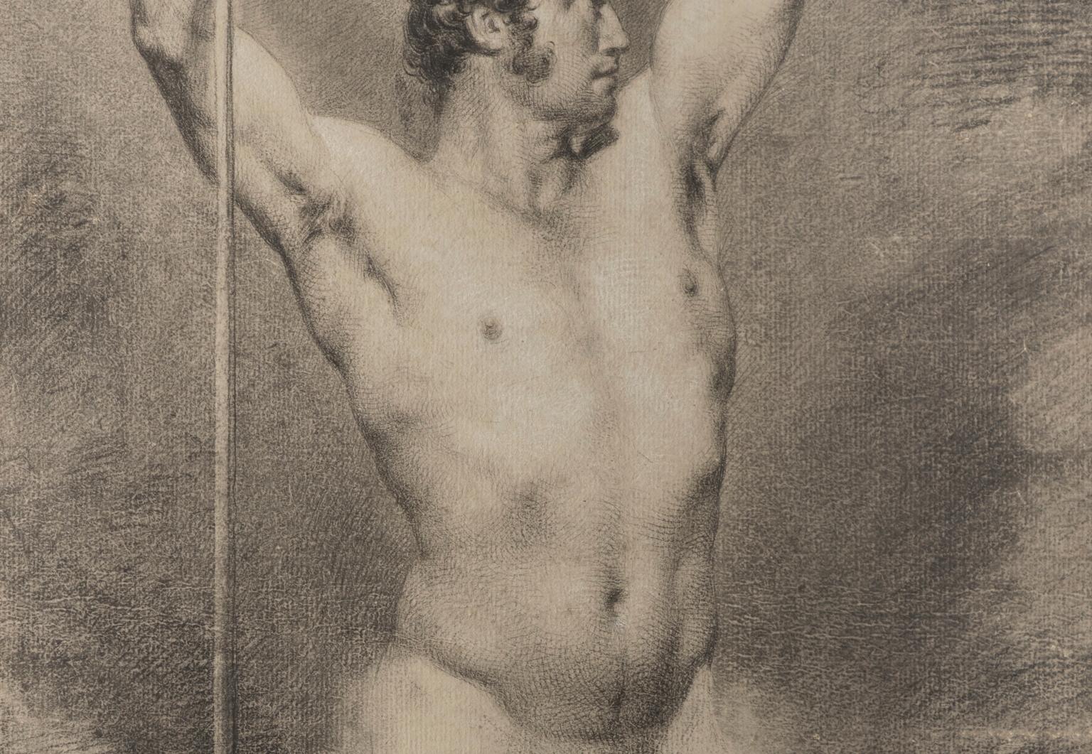 Das Disegno, das aus einem einzigen filigranen Nebel von 52 x 32 cm besteht, stammt aus der Sammlung von Placido Fabry und zeigt auf einer mit Tempera geritzten Platte eine männliche Muskelfigur, die an einer Lanze oder einem Baston befestigt ist,