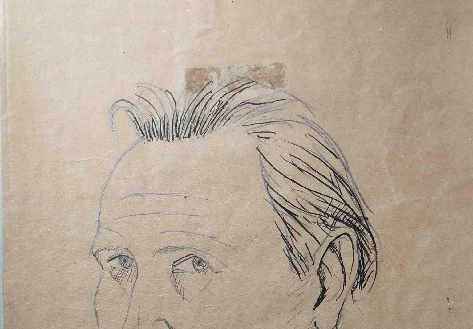 Disegno figurativo toscano del novecento autoritratto maschile su carta - Portrait Gris de Gisberto Ceracchini